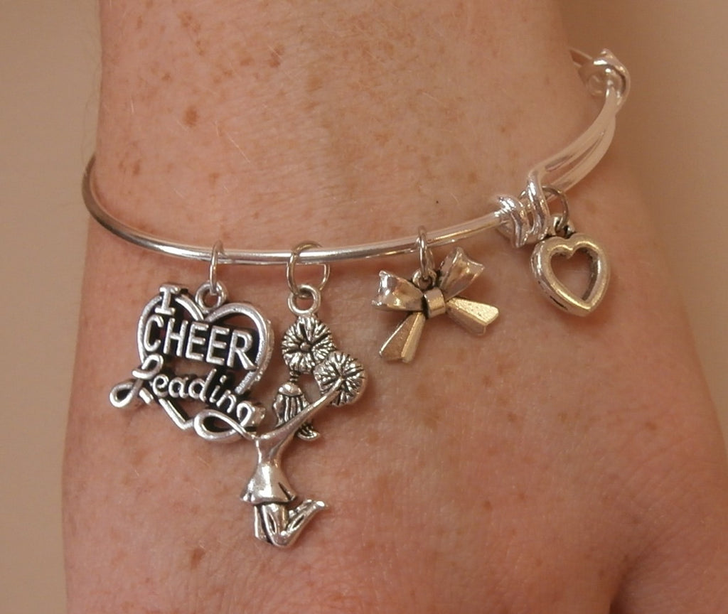 Cheer Bangle Bracelet for Cheerleaders Silvertone Charms I Love Cheer  Adjustable